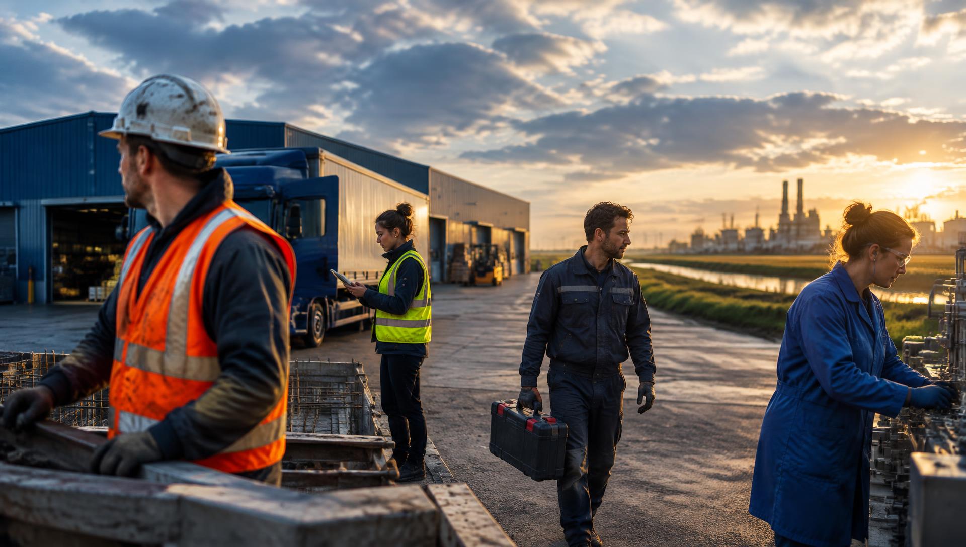 Vakmensen in de bouw, logistiek, techniek en productie op een bedrijfsterrein in Noord-Nederland