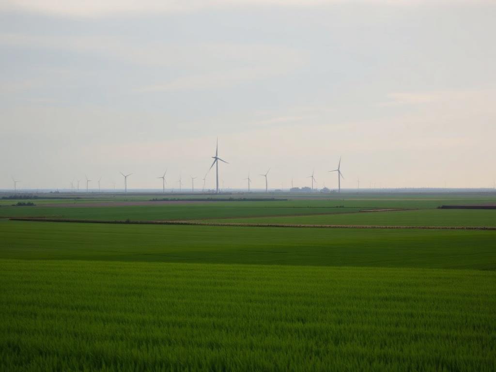 Weids landschap in Noord-Nederland met groene velden en windmolens aan de horizon